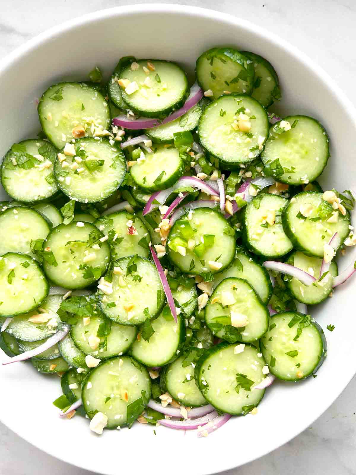 Thai cucumber salad in bowl.