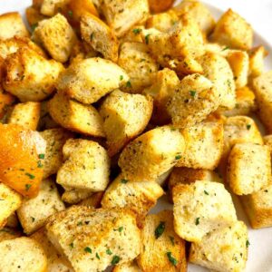 close up of air fryer croutons.