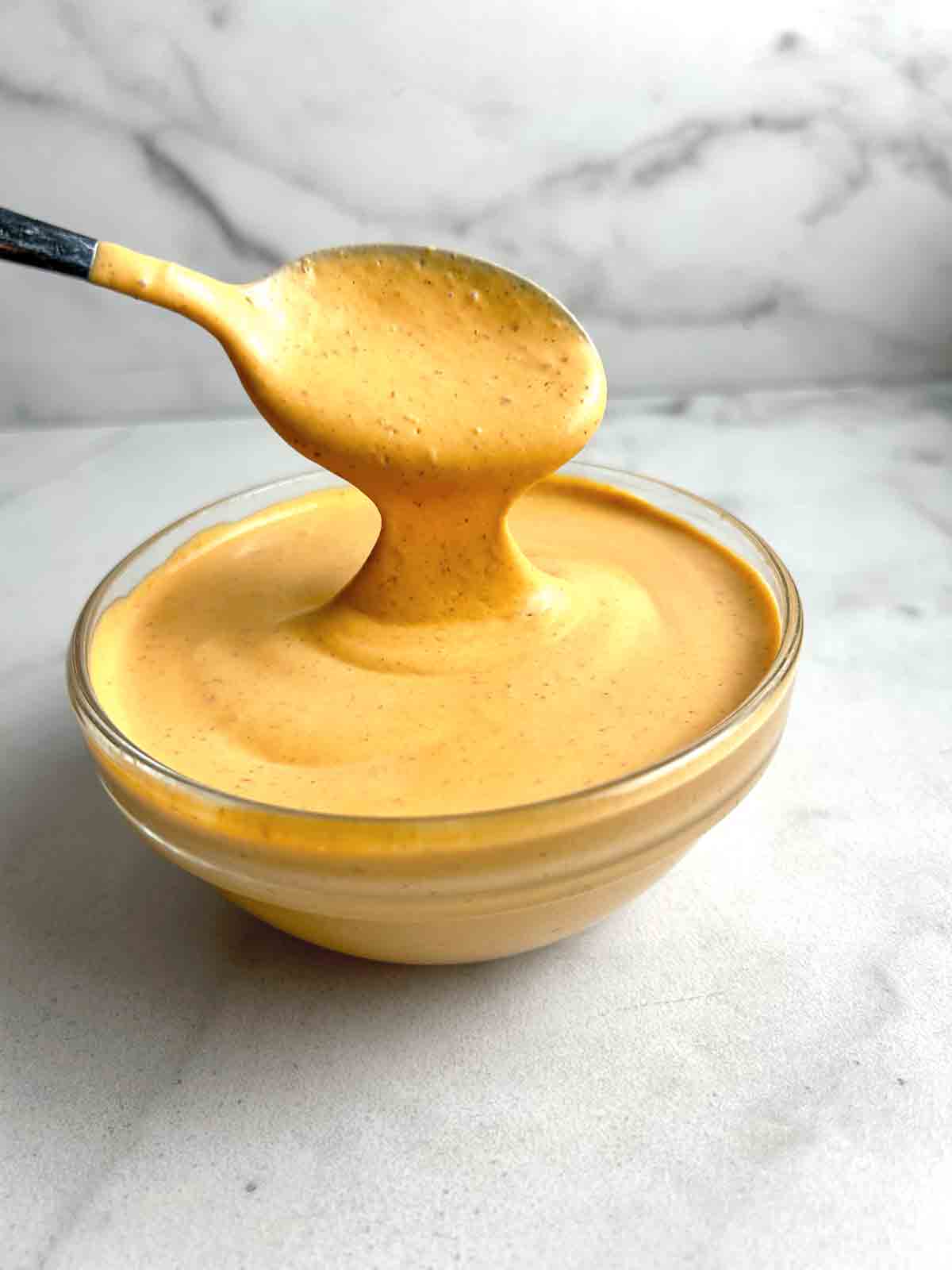 spoon lifting chipotle sauce from bowl.