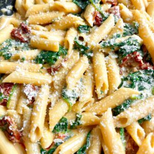 close up of creamy spinach and tomato pasta.