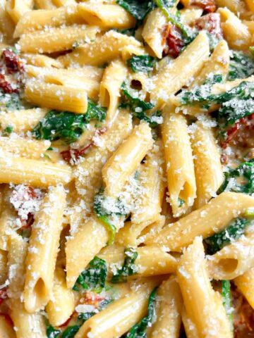 close up of creamy spinach and tomato pasta.