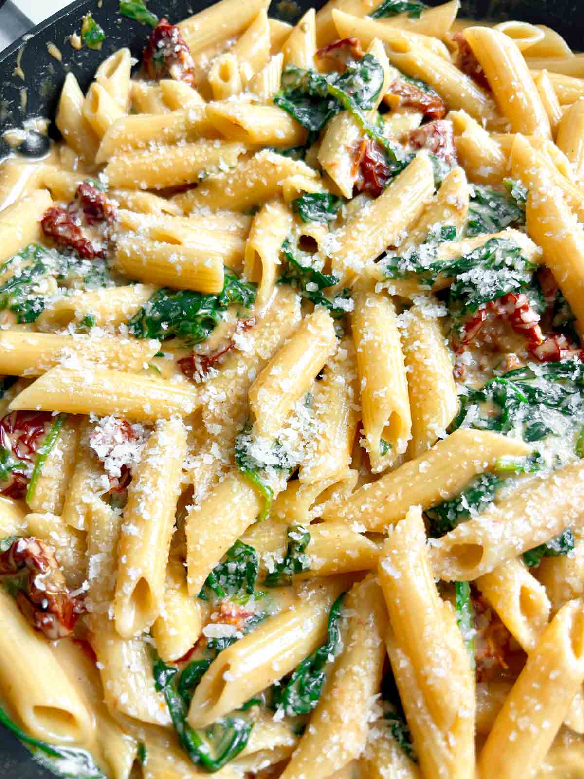 close up of creamy spinach and tomato pasta.