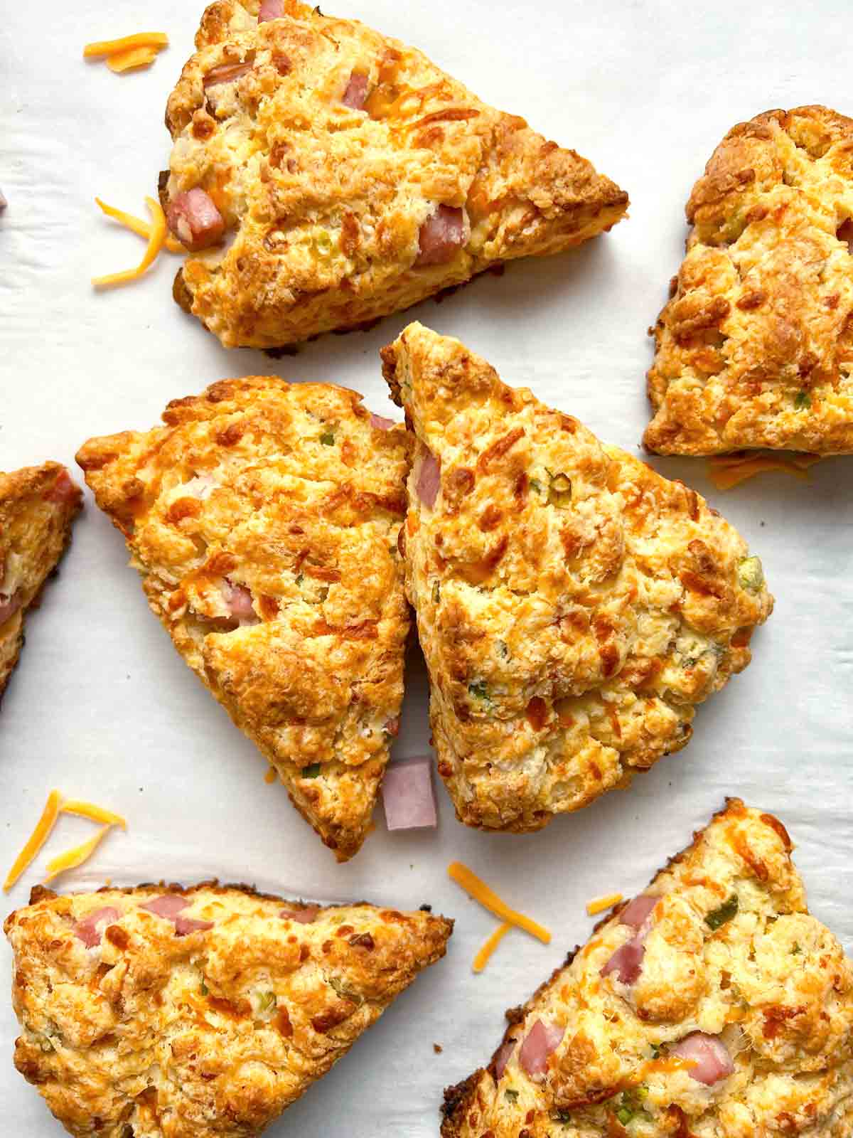 close up of ham and cheese scones.