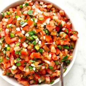 close up of pico de gallo in bowl.