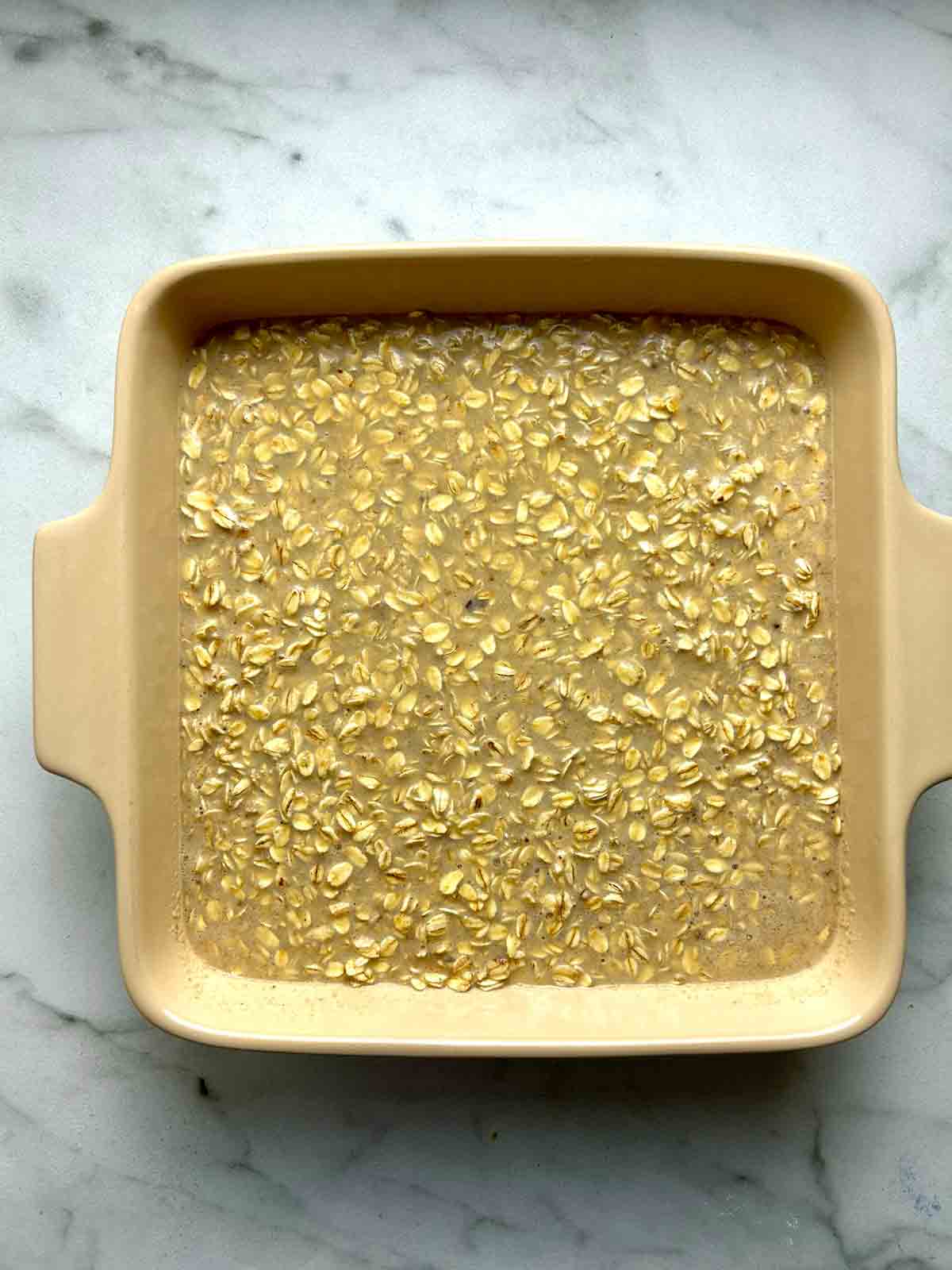 oatmeal mixture poured into baking dish.