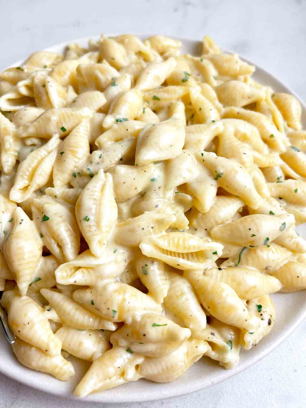 close up of garlic butter pasta.