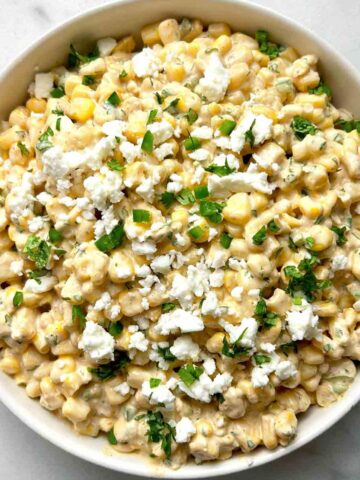 Mexican street corn dip in bowl.