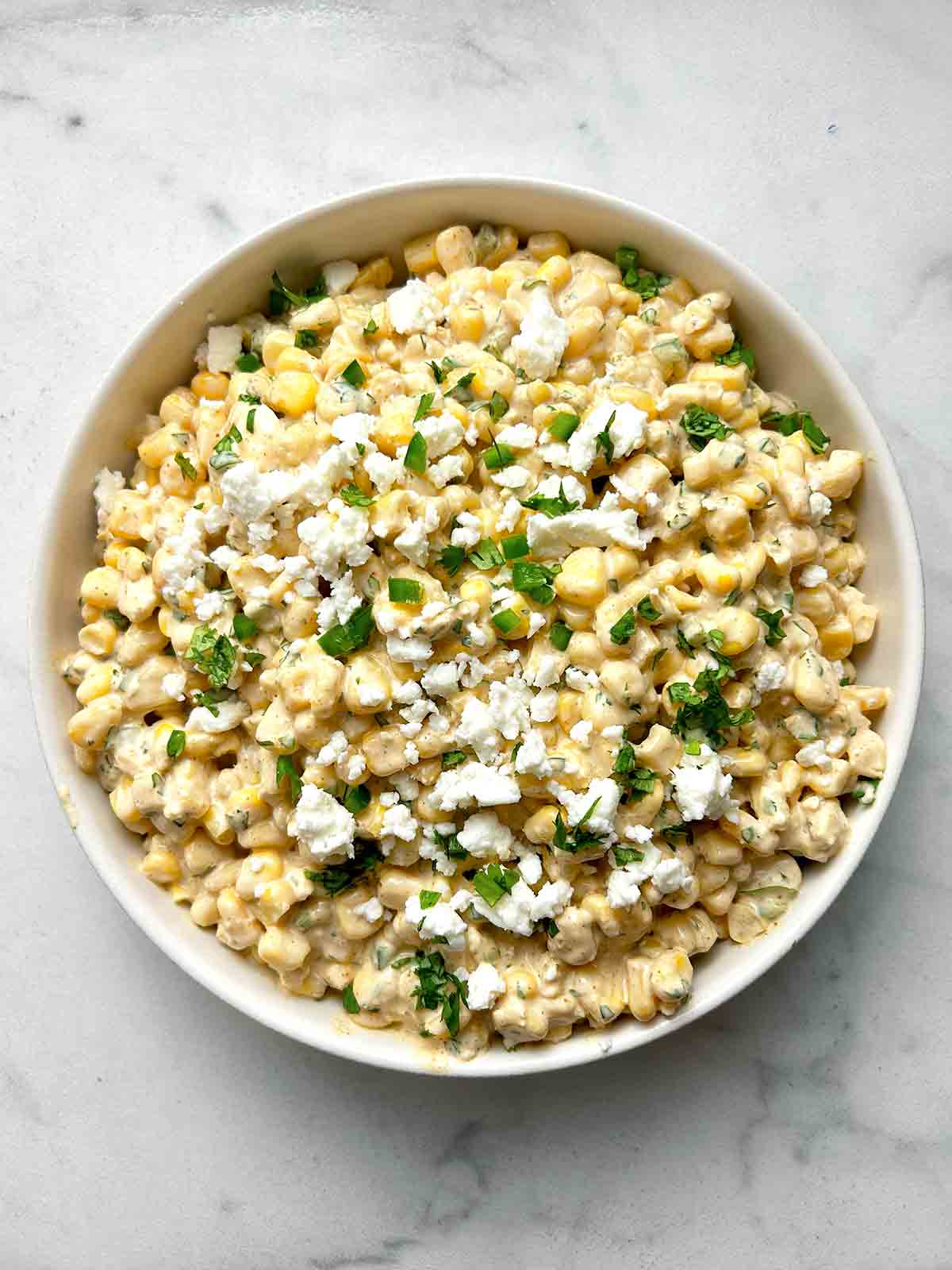 Mexican street corn dip in bowl.