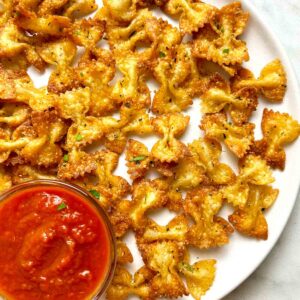plate of air fried pasta chips.