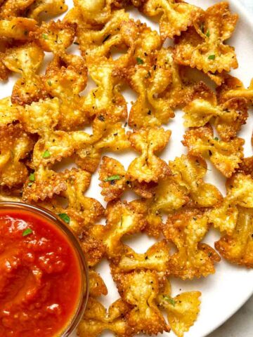 plate of air fried pasta chips.