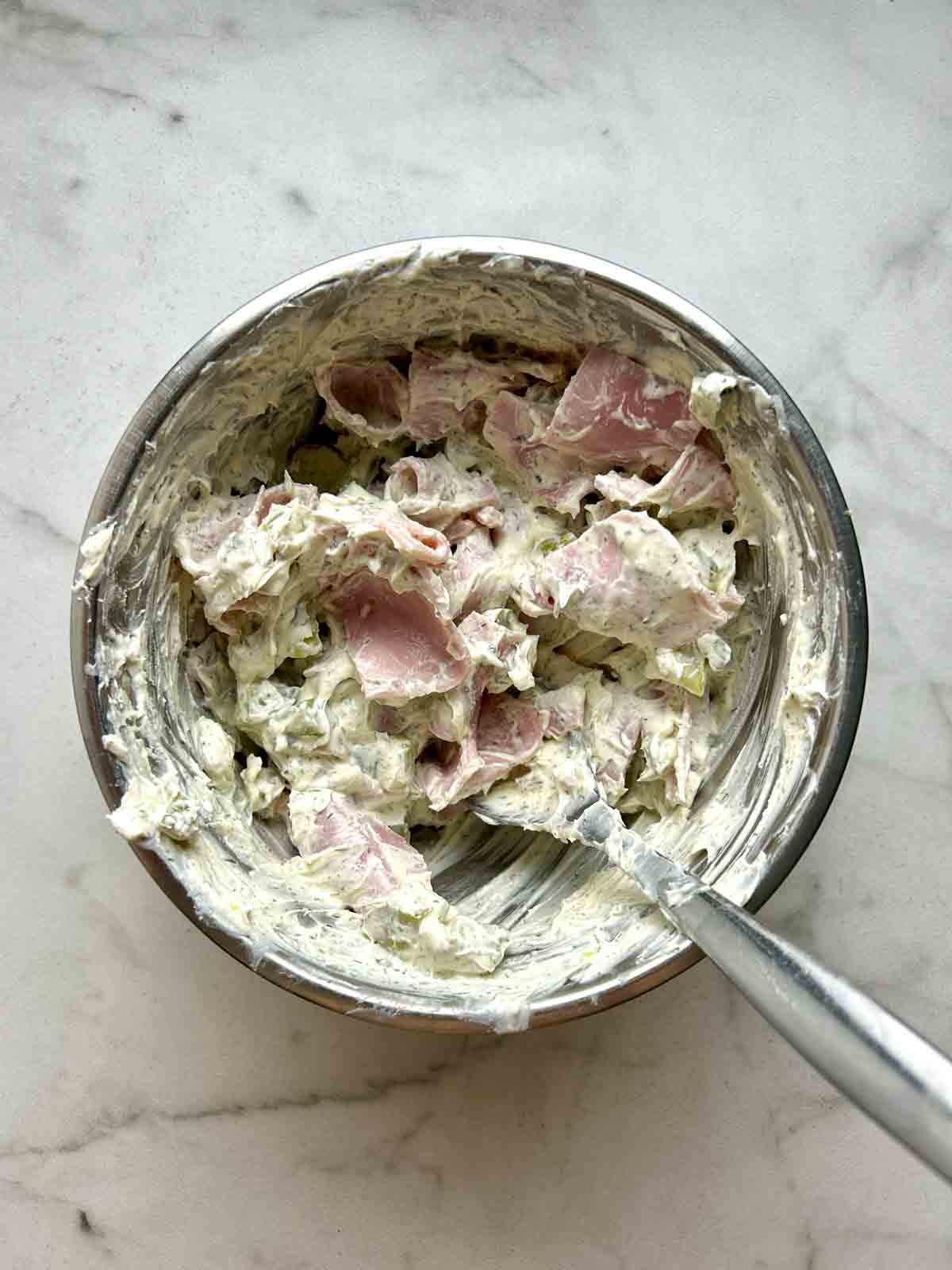 ham and dill pickles stirred into cream cheese mixture.