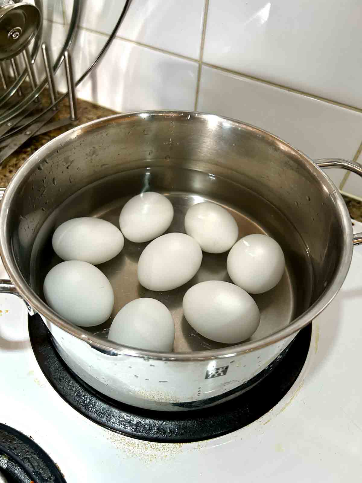 eggs being boiled in pot of water.