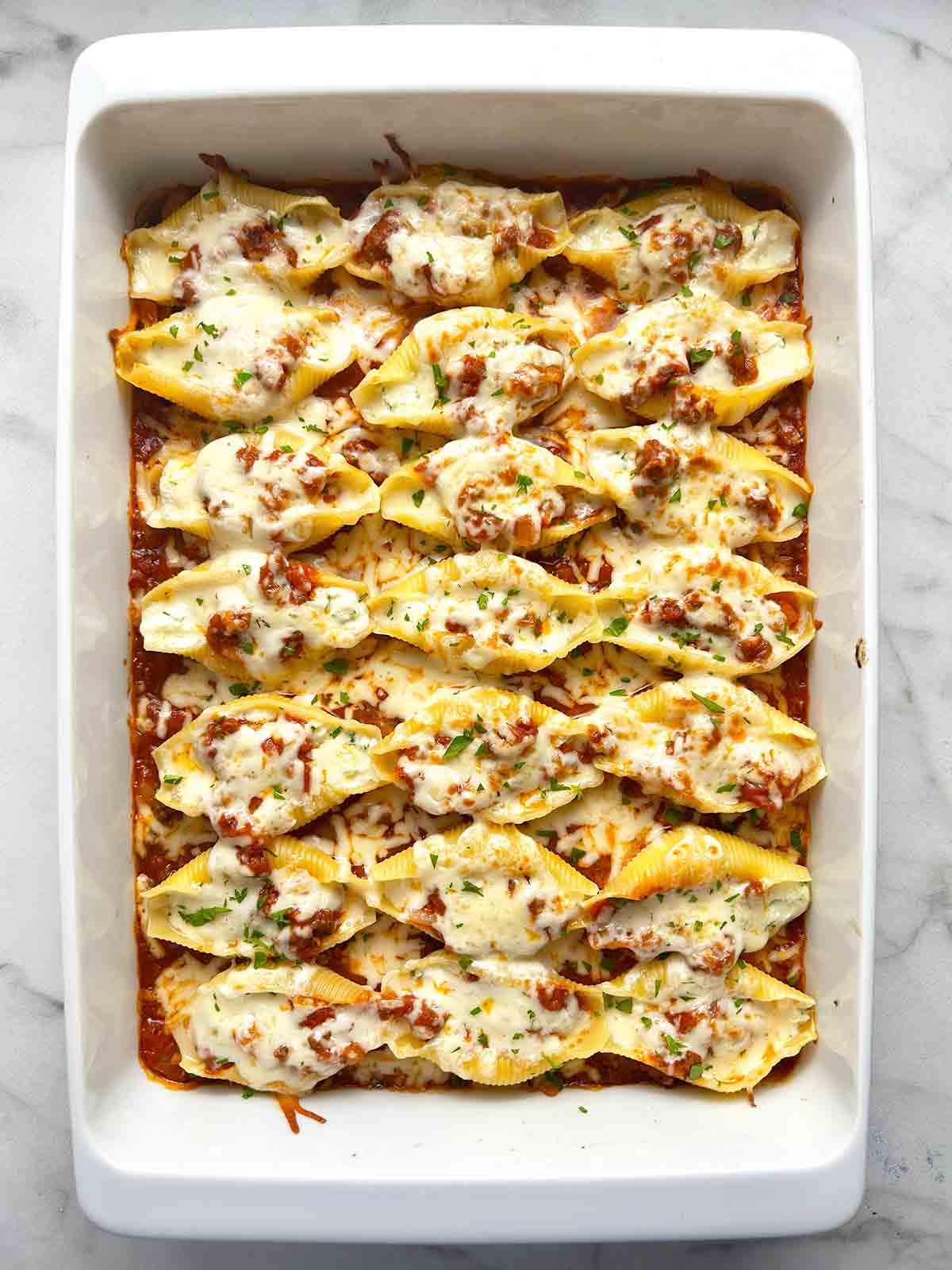 stuffed shells after baking; golden brown on top.
