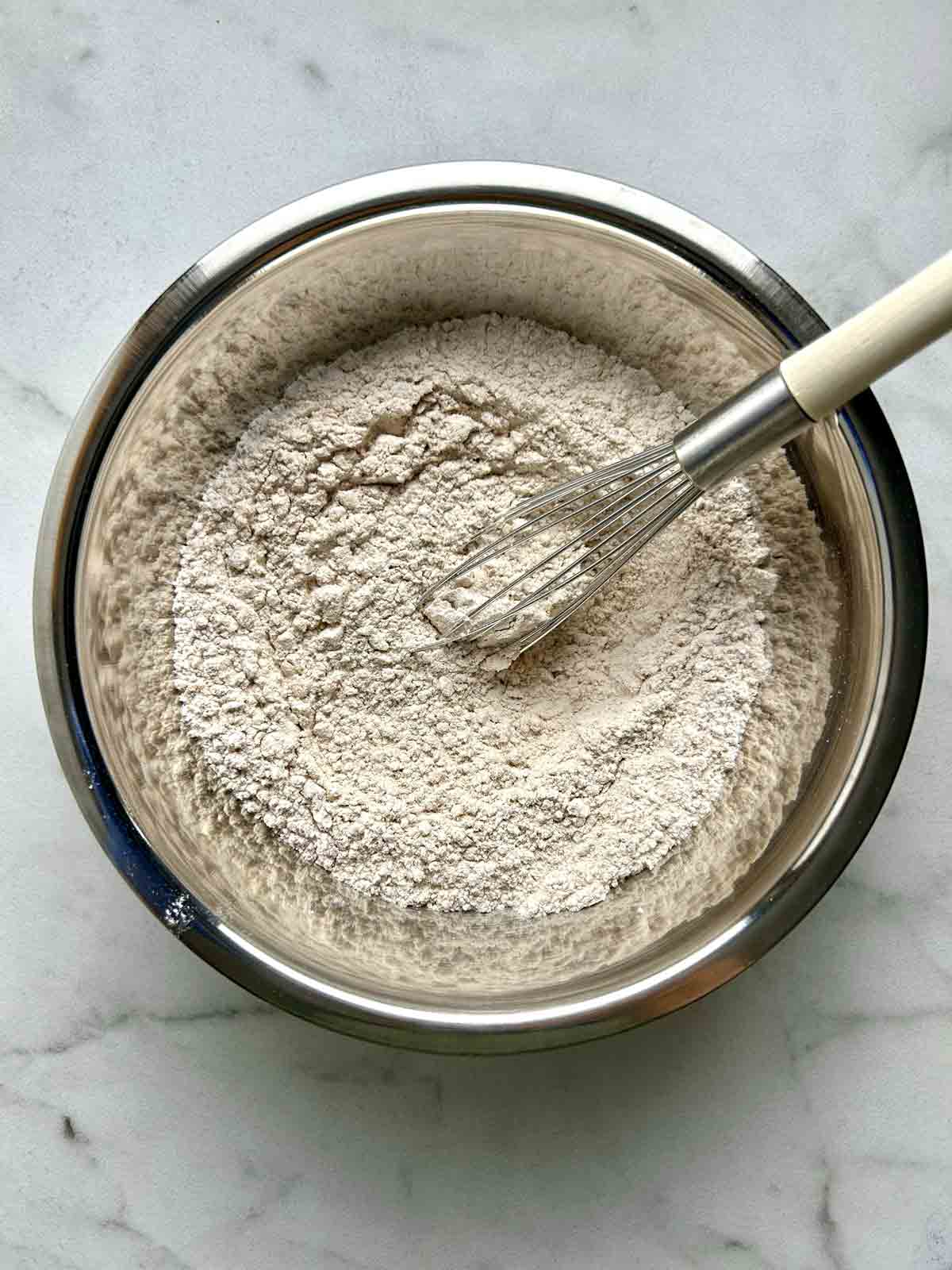 dry mixture whisked together in metal bowl.