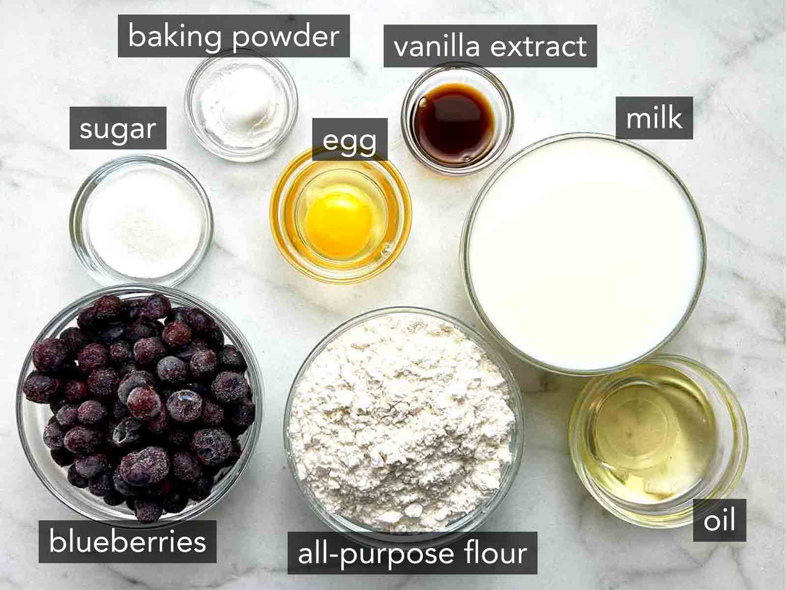 labelled ingredients for blueberry pancakes.