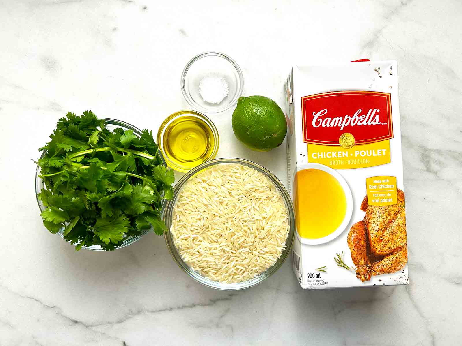 ingredients for Chipotle cilantro lime rice.