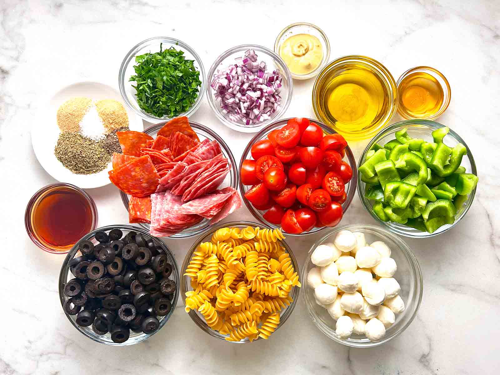 ingredients for Italian pasta salad.